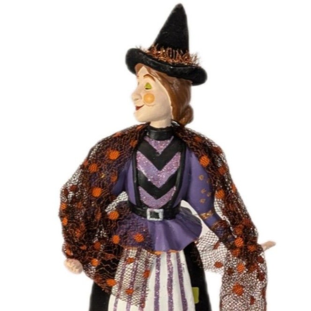 ​Vibrant  Primitive Whimsy Style Witch 15" Figurine CJF Designs Purple Polka Dot